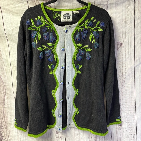 Storybook Knits Vintage Black and Blue Embroidered beaded Floral Cardigan - Picture 1 of 8